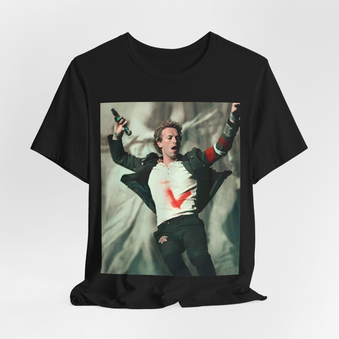 A black graphic t-shirt featuring the album cover art for Coldplay's 'Viva La Vida or Death and All His Friends'.