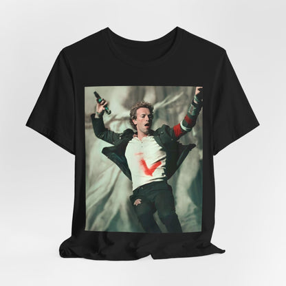 A black graphic t-shirt featuring the album cover art for Coldplay's 'Viva La Vida or Death and All His Friends'.