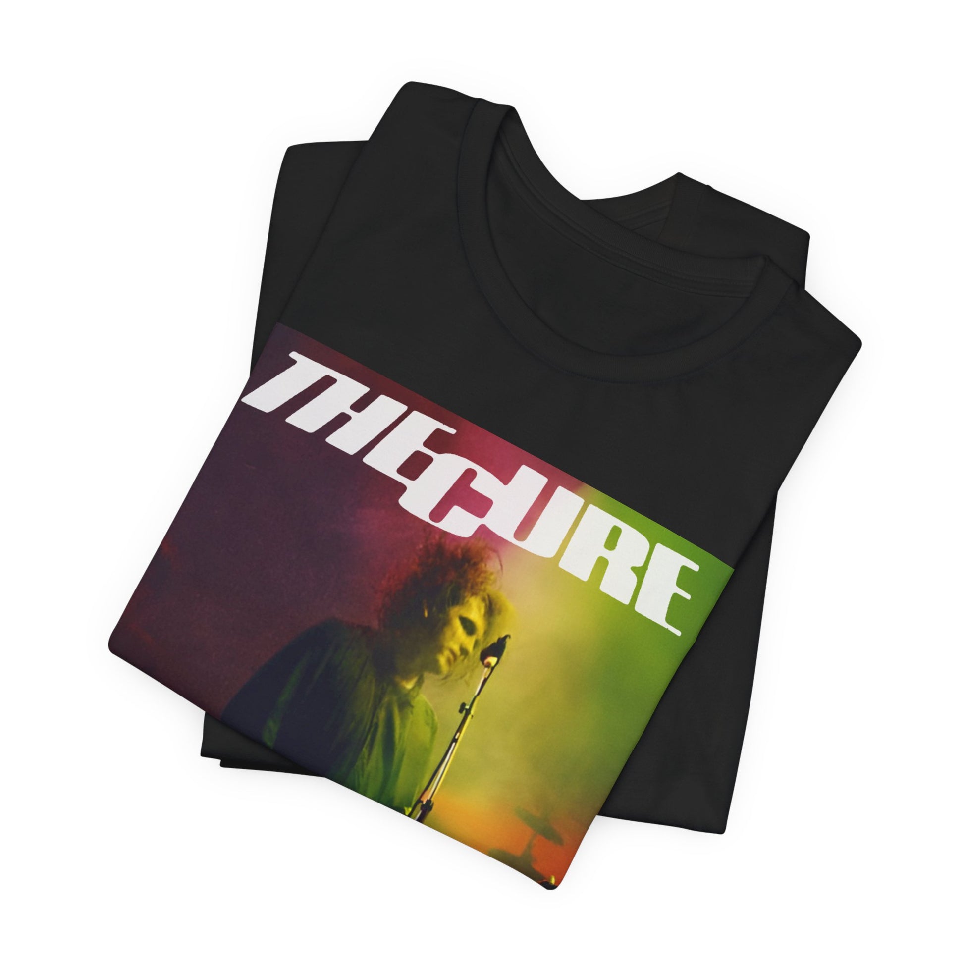 A black graphic t-shirt featuring a concert graphic related to The Cure's 'Lovesong' era.