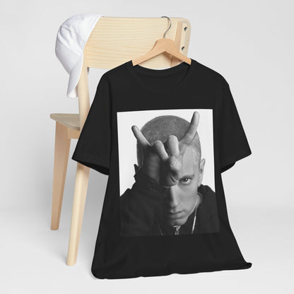 A black graphic t-shirt featuring a graphic related to Eminem's 'My Name Is' song or era.