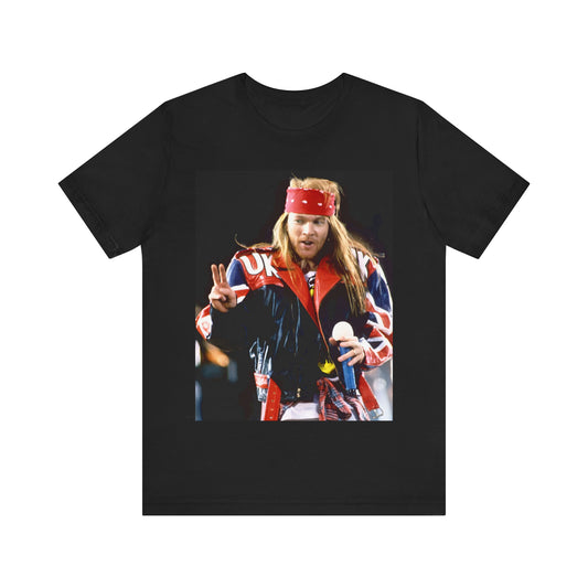 A black graphic t-shirt featuring a graphic related to Guns N' Roses' 1992 UK Live Wembley concert.