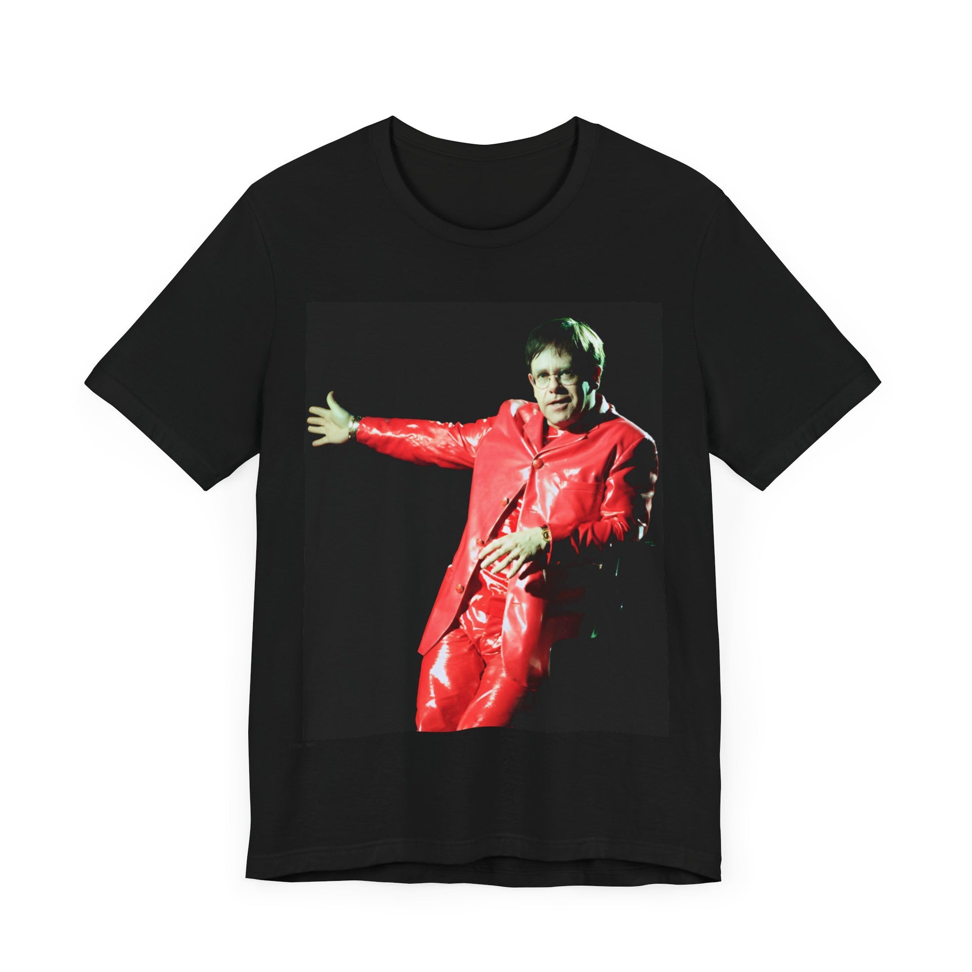 A black graphic t-shirt featuring a vintage photo portrait of Elton John as a music legend.