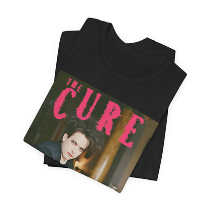 A black graphic t-shirt featuring a retro graphic related to The Cure's 'Disintegration' album era.