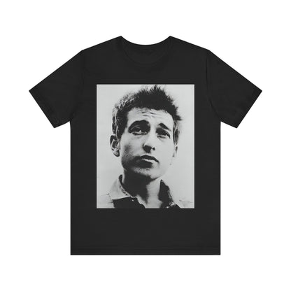 A black graphic t-shirt featuring a retro black and white folk iconic graphic of Bob Dylan.