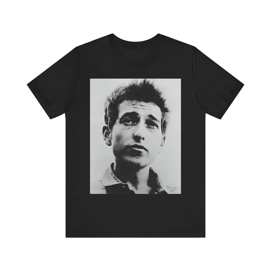 A black graphic t-shirt featuring a retro black and white folk iconic graphic of Bob Dylan.