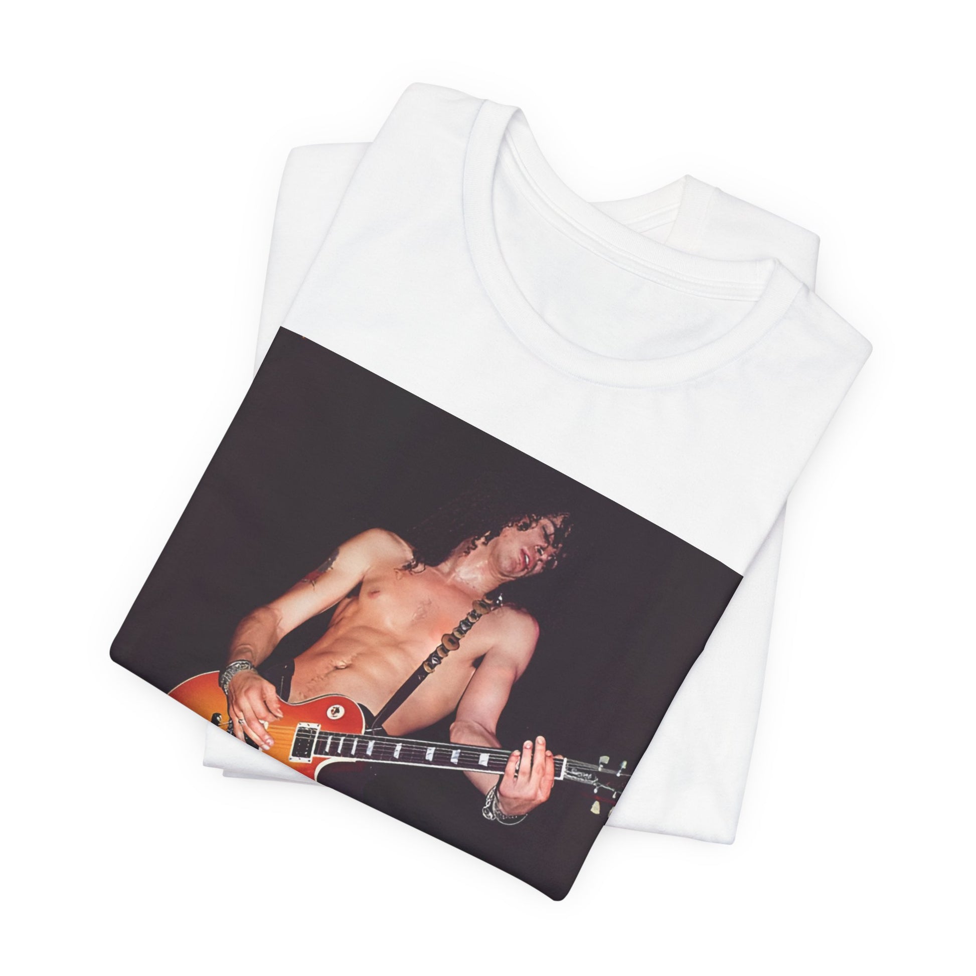 A black graphic t-shirt featuring a graphic or photo of Slash from Guns N' Roses performing live on stage.