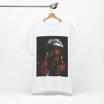 A black graphic t-shirt featuring a graphic of Snoop Dogg giving the middle finger.