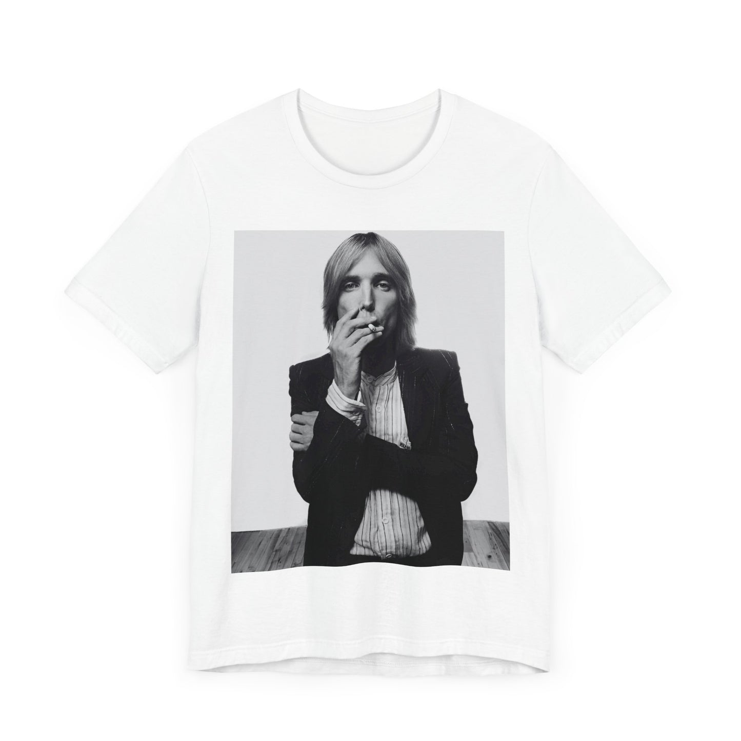 A black graphic t-shirt featuring a black and white graphic or photo of Tom Petty as a Southern rock icon.