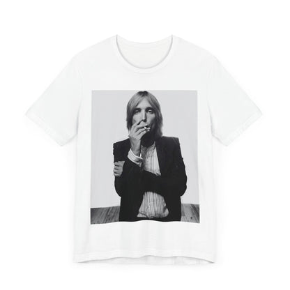 A black graphic t-shirt featuring a black and white graphic or photo of Tom Petty as a Southern rock icon.
