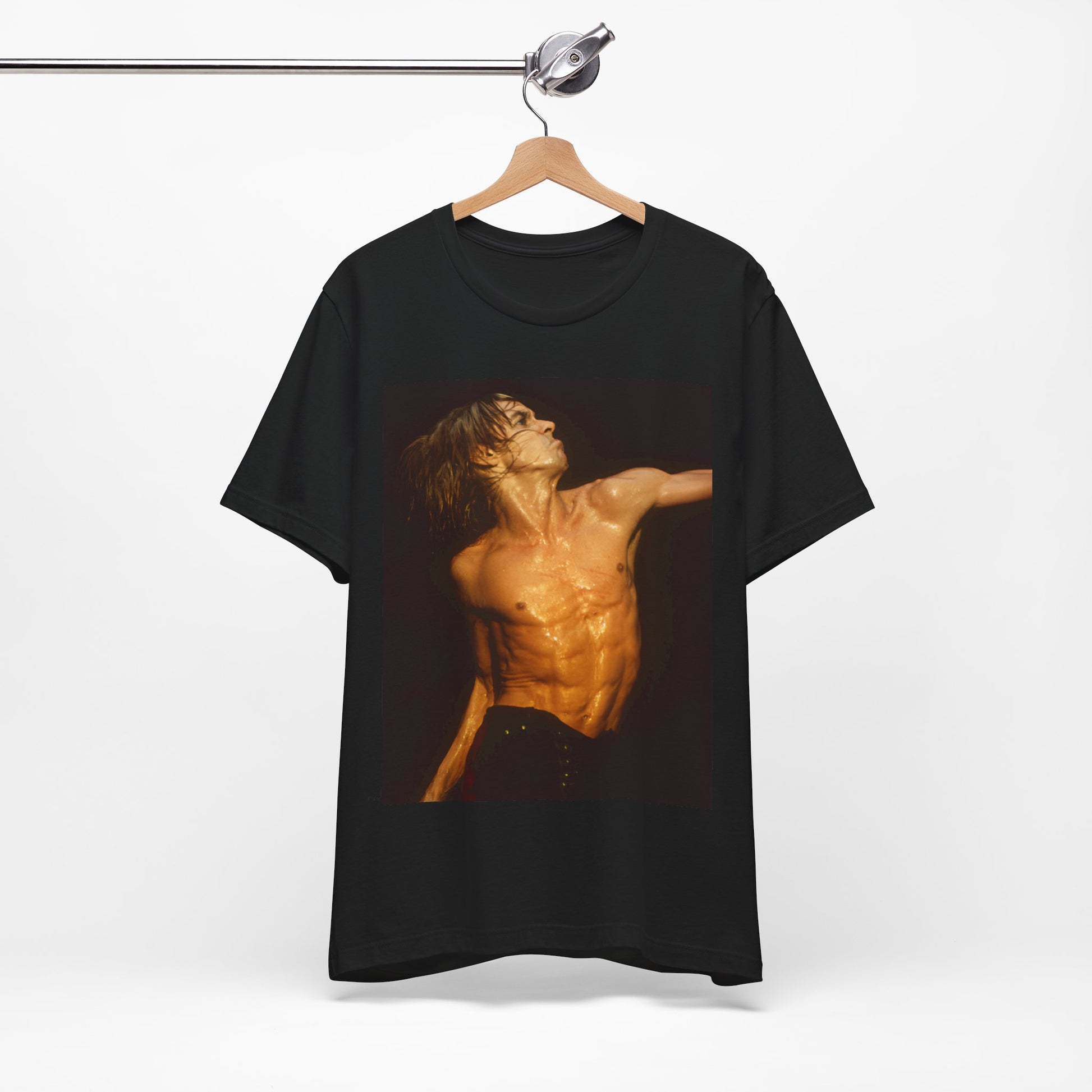 A black graphic t-shirt featuring an iconic photo of Iggy Pop performing live on stage.