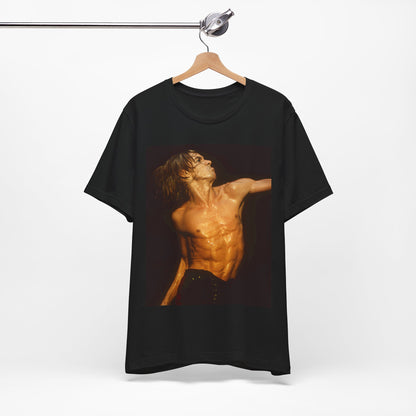 A black graphic t-shirt featuring an iconic photo of Iggy Pop performing live on stage.