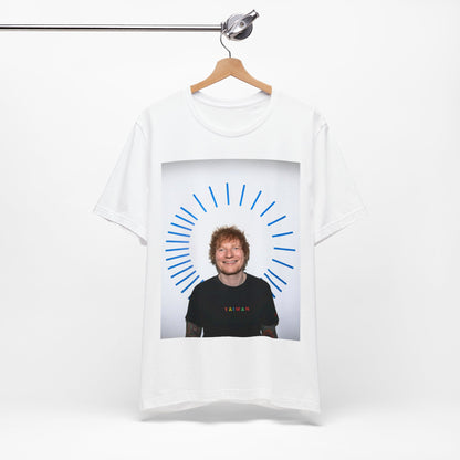 A black graphic t-shirt featuring a classic photo portrait of Ed Sheeran in a folk-pop style.