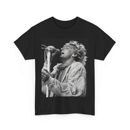 A black graphic t-shirt featuring an 80s black and white monochrome graphic or photo of Rod Stewart.