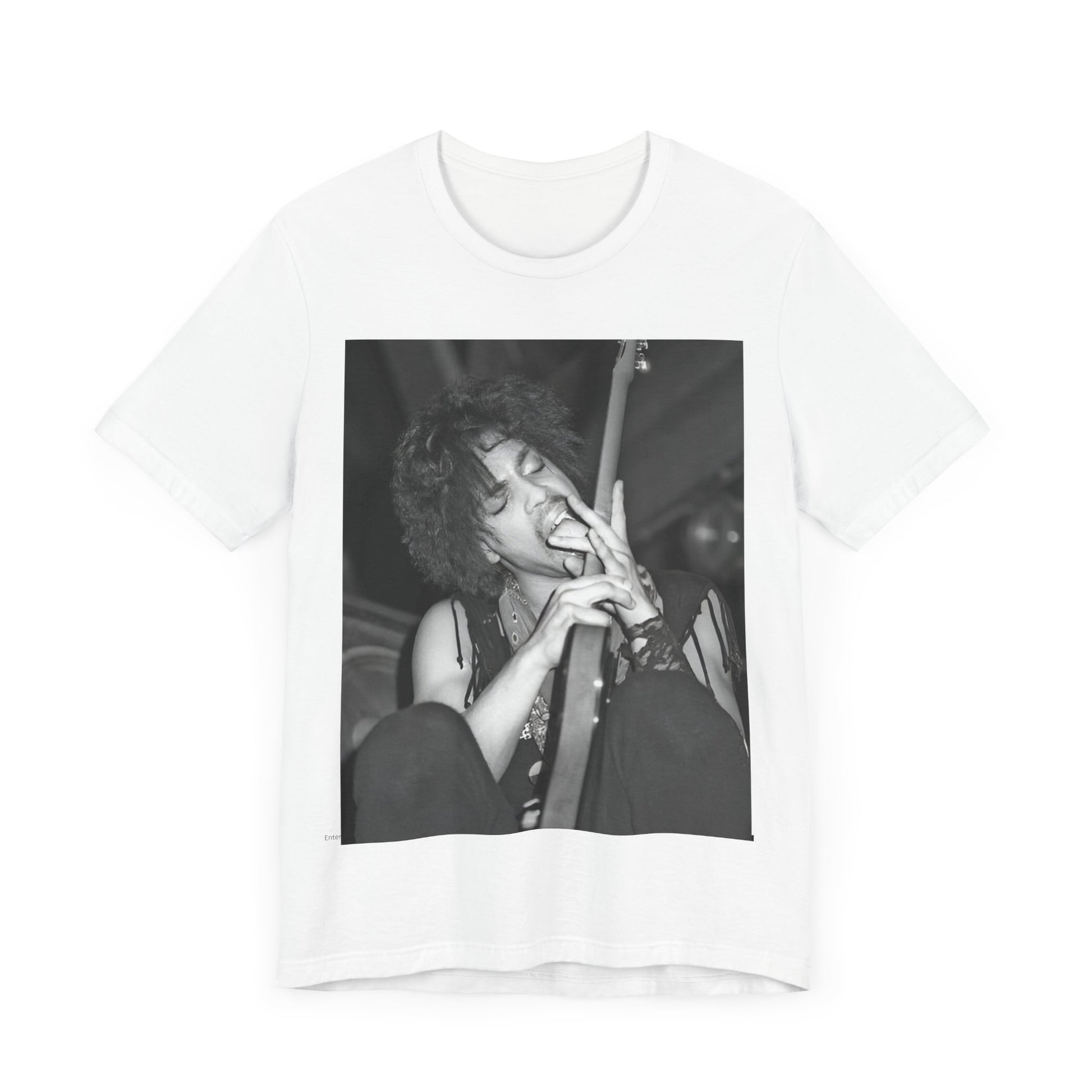 A black graphic t-shirt featuring a graphic or photo of Prince performing wildly on stage.