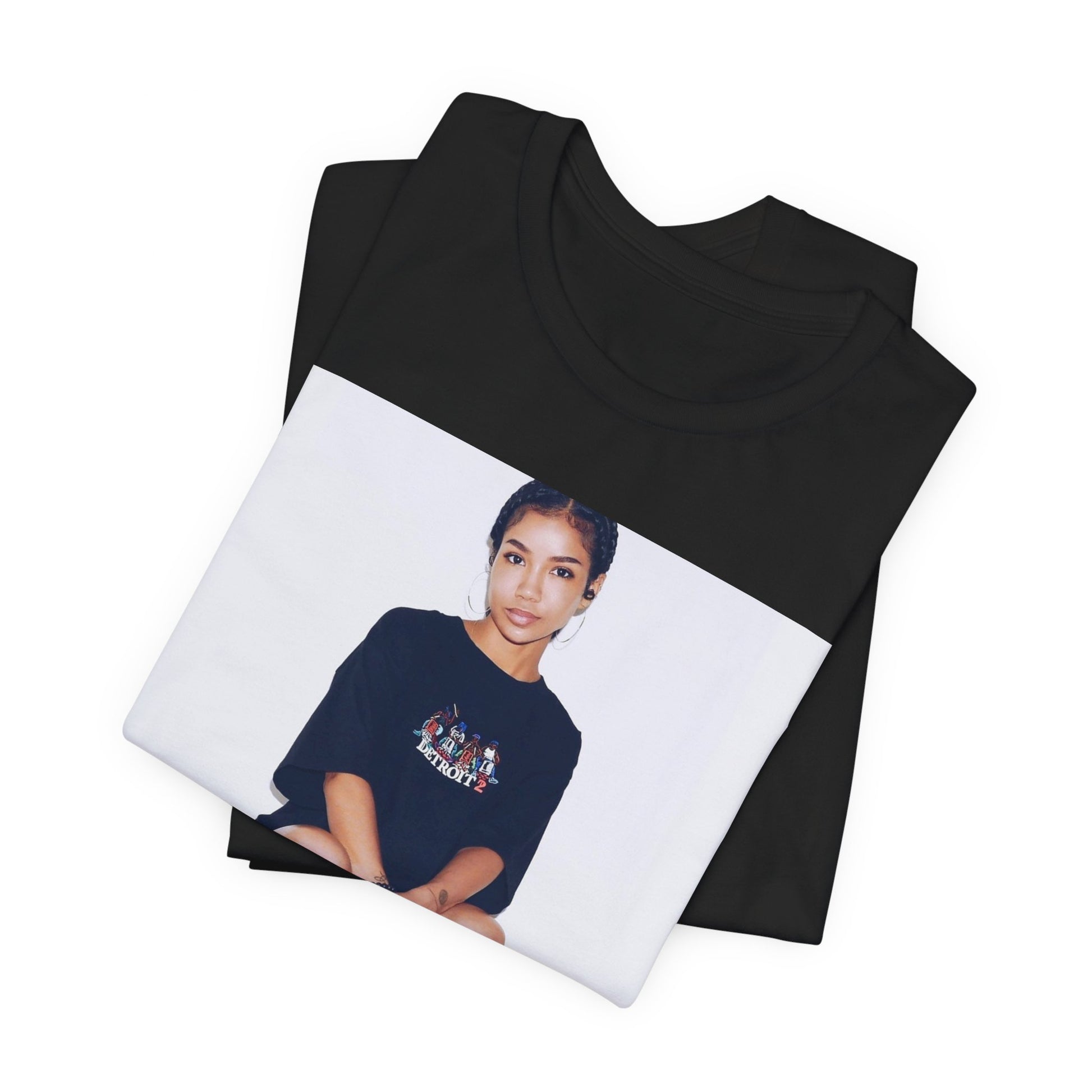 A black graphic t-shirt featuring a casual R&B fan graphic of Jhene Aiko.
