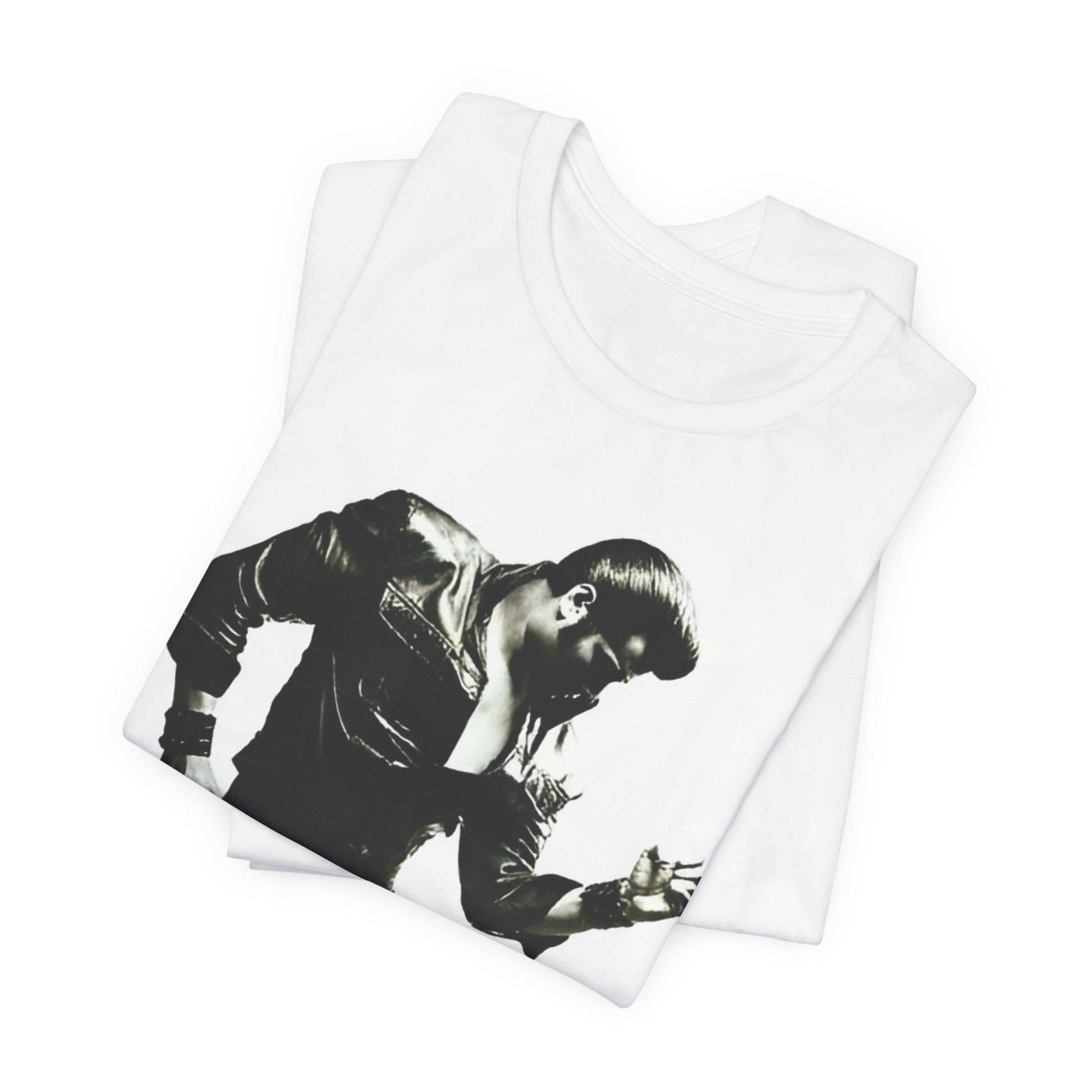 A black graphic t-shirt featuring a retro black and white monochrome photo or graphic of Elvis Presley.