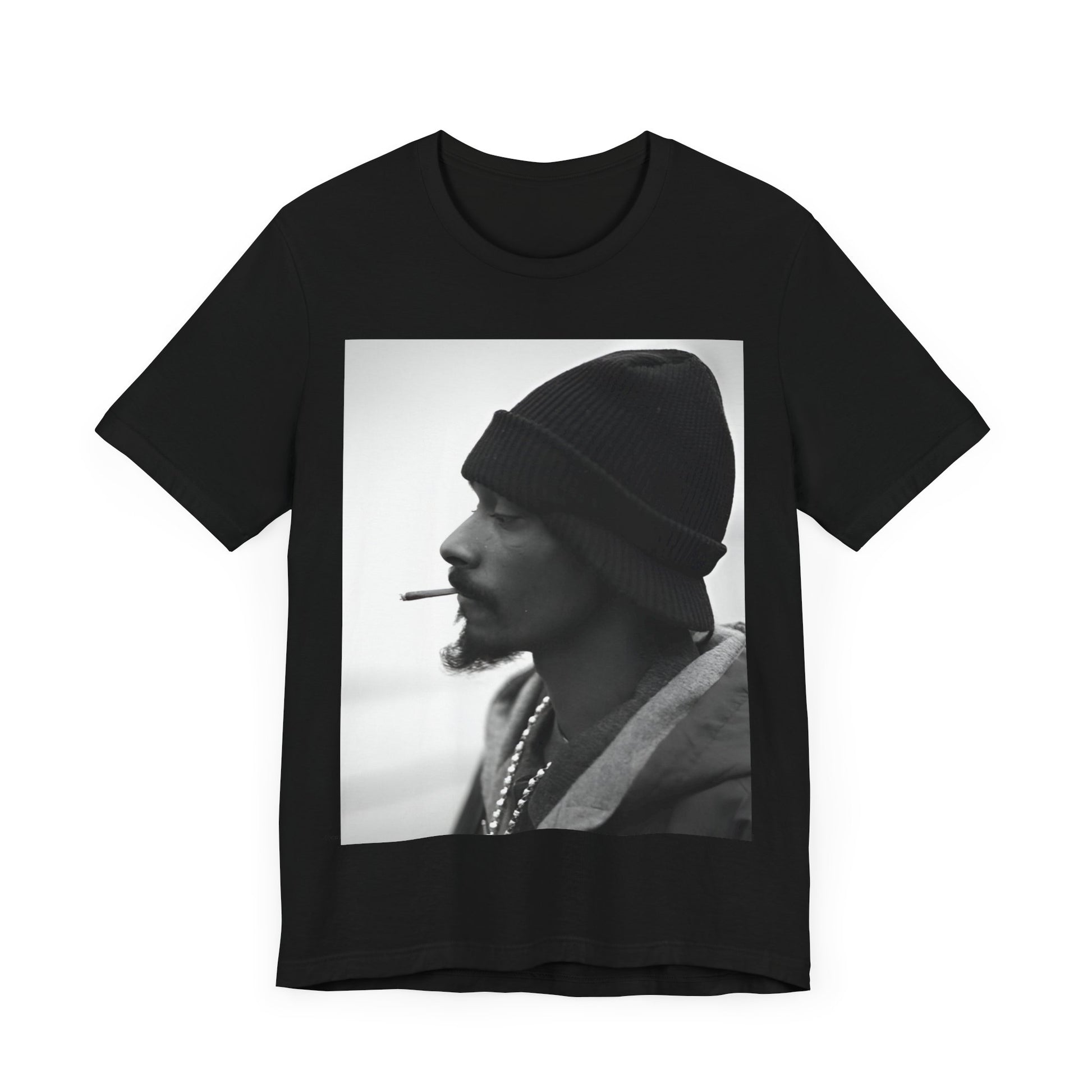 A black graphic t-shirt featuring a graphic of Snoop Dogg designed for everyday West Coast style.
