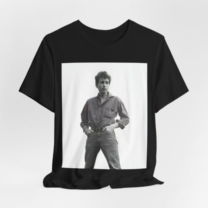 A black graphic t-shirt featuring a vintage 60s folk aesthetic graphic of Bob Dylan.