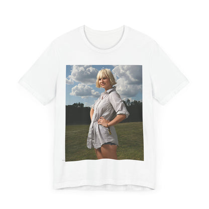 A black graphic t-shirt featuring a bold graphic of Sia as a pop superstar.
