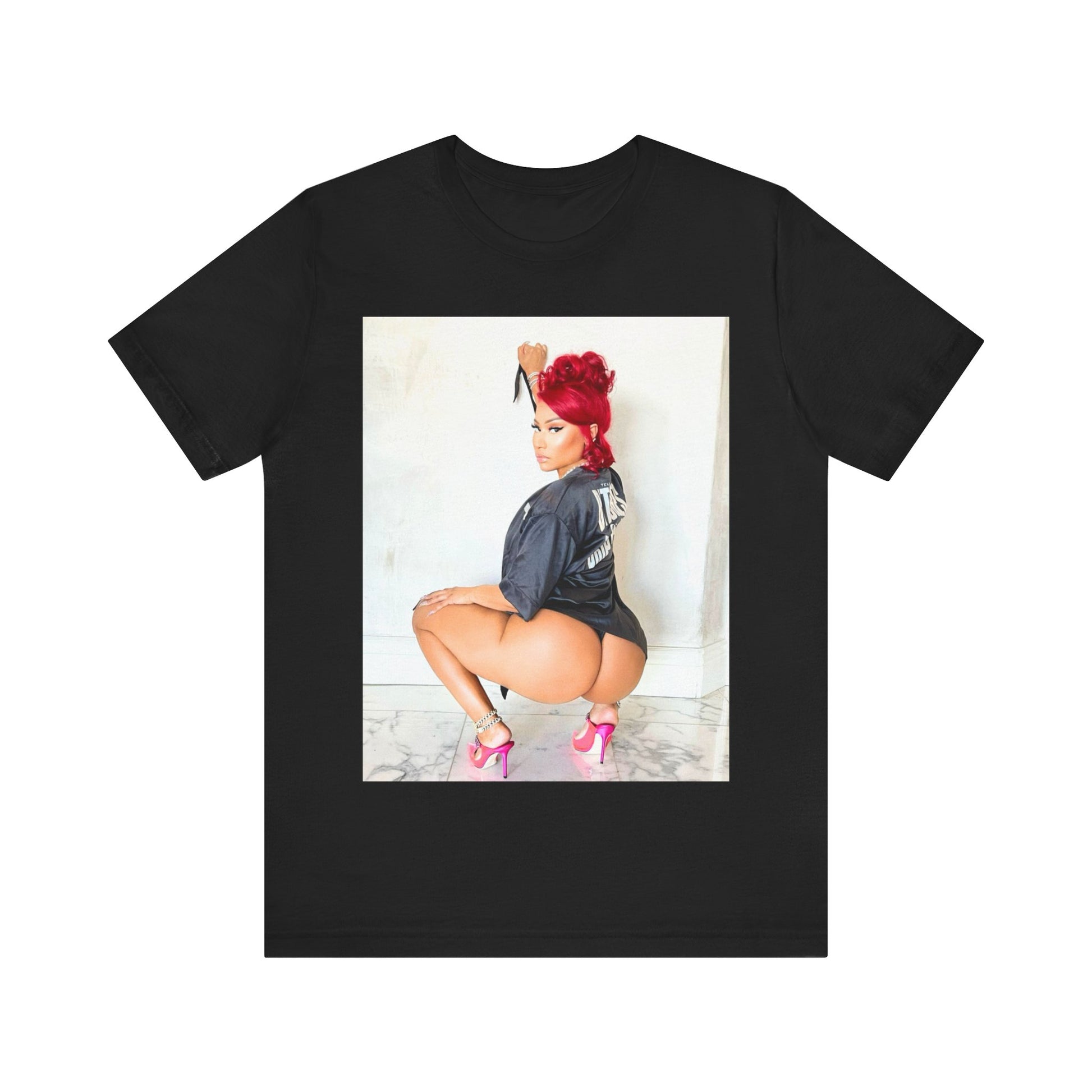 A black graphic t-shirt featuring a graphic of Nicki Minaj in an iconic power pose.