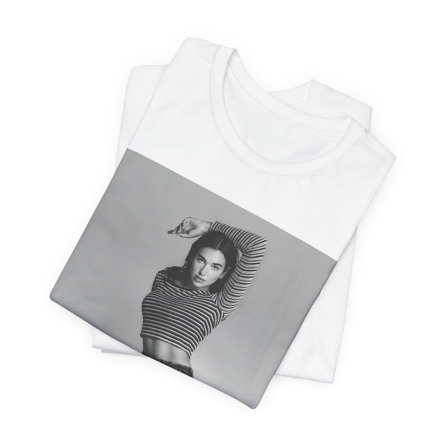 A black graphic t-shirt featuring a black and white photo of Dua Lipa in a posed manner.