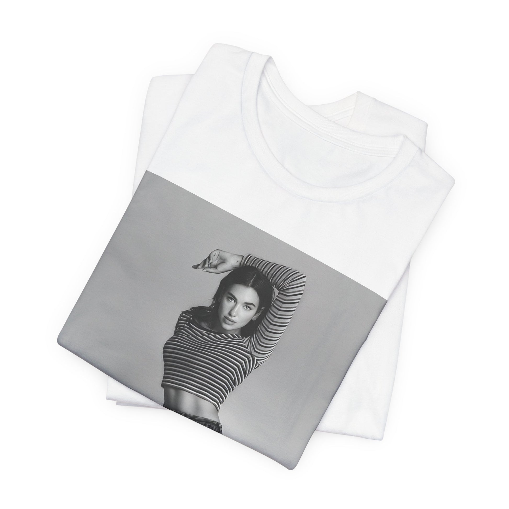 A black graphic t-shirt featuring a black and white photo of Dua Lipa in a posed manner.
