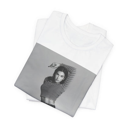 A black graphic t-shirt featuring a black and white photo of Dua Lipa in a posed manner.