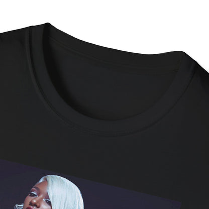 A black graphic t-shirt featuring a glamorous graphic of Megan Thee Stallion in a rap style.
