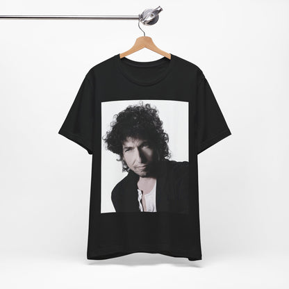 A black graphic t-shirt featuring a timeless folk rock graphic of Bob Dylan, possibly with his guitar or harmonica.