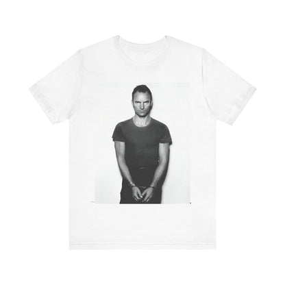 A black graphic t-shirt featuring a black and white portrait photo of Sting.