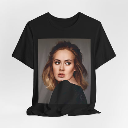 A black graphic t-shirt featuring a studio portrait of Adele from her '25' album era, showing a thoughtful or serene expression.