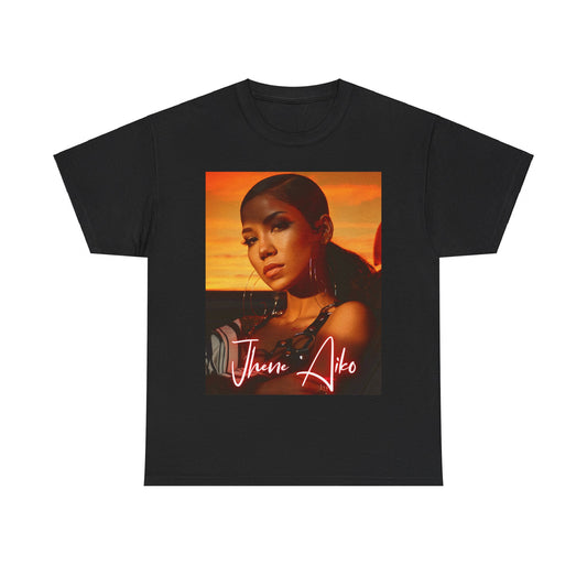 A black graphic t-shirt featuring a vintage chill R&B graphic of Jhene Aiko.