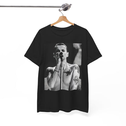 A black graphic t-shirt featuring a graphic related to Depeche Mode's 'Sounds of the Universe' live era.