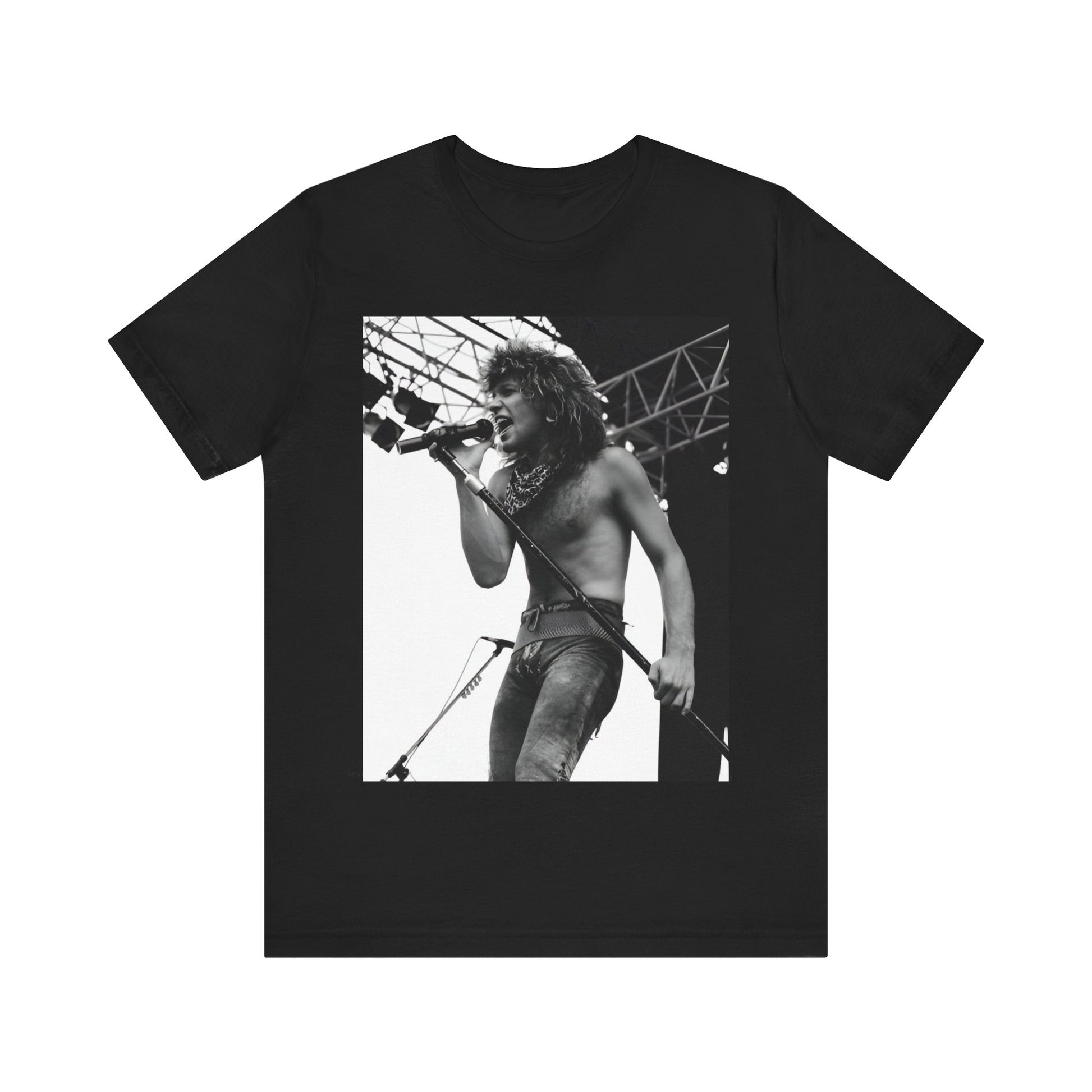 A black graphic t-shirt featuring a retro tour graphic for Bon Jovi's '88 tour.