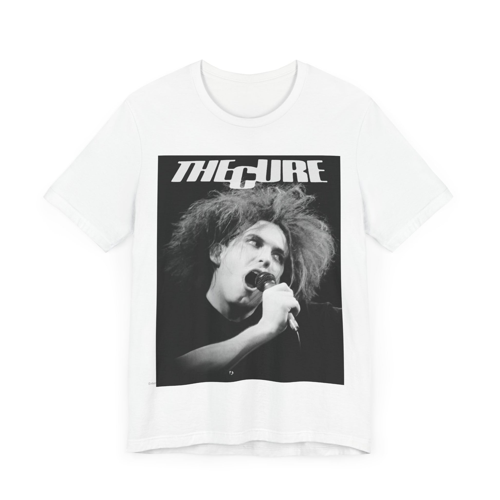 A black graphic t-shirt featuring a graphic of The Cure with a dark romanticism core aesthetic.