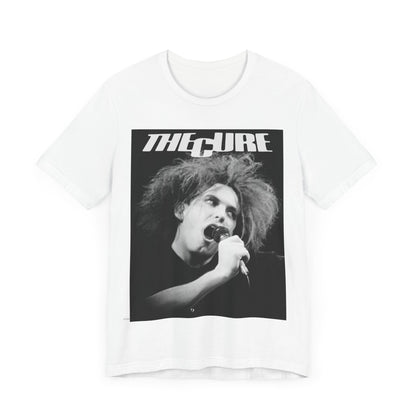 A black graphic t-shirt featuring a graphic of The Cure with a dark romanticism core aesthetic.