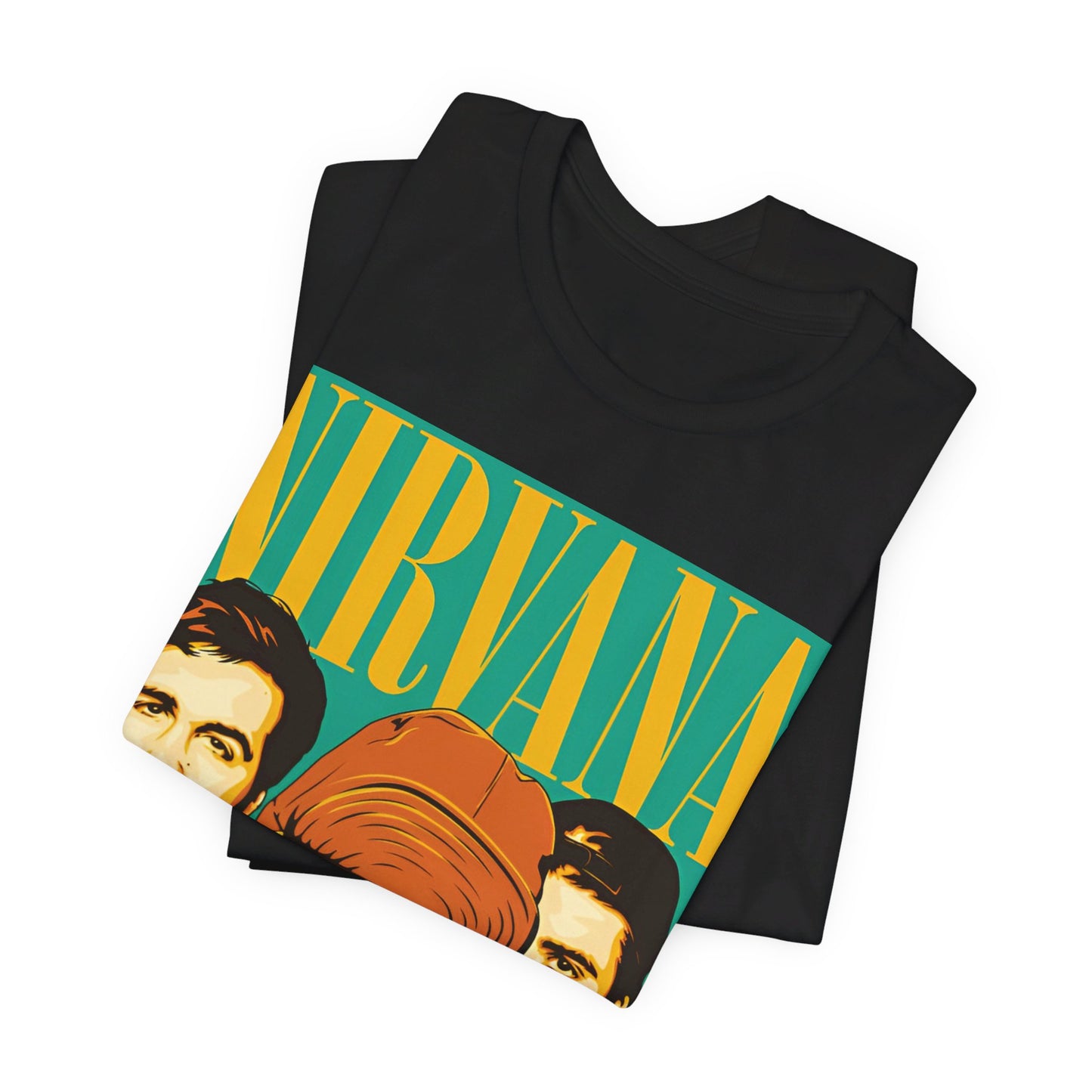 A black graphic t-shirt featuring an artistic or aesthetic pop art graphic of Nirvana.