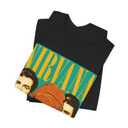 A black graphic t-shirt featuring an artistic or aesthetic pop art graphic of Nirvana.