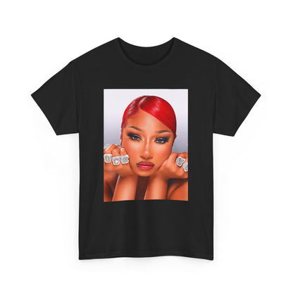 A black graphic t-shirt featuring a bold graphic of Megan Thee Stallion as a rap superstar.