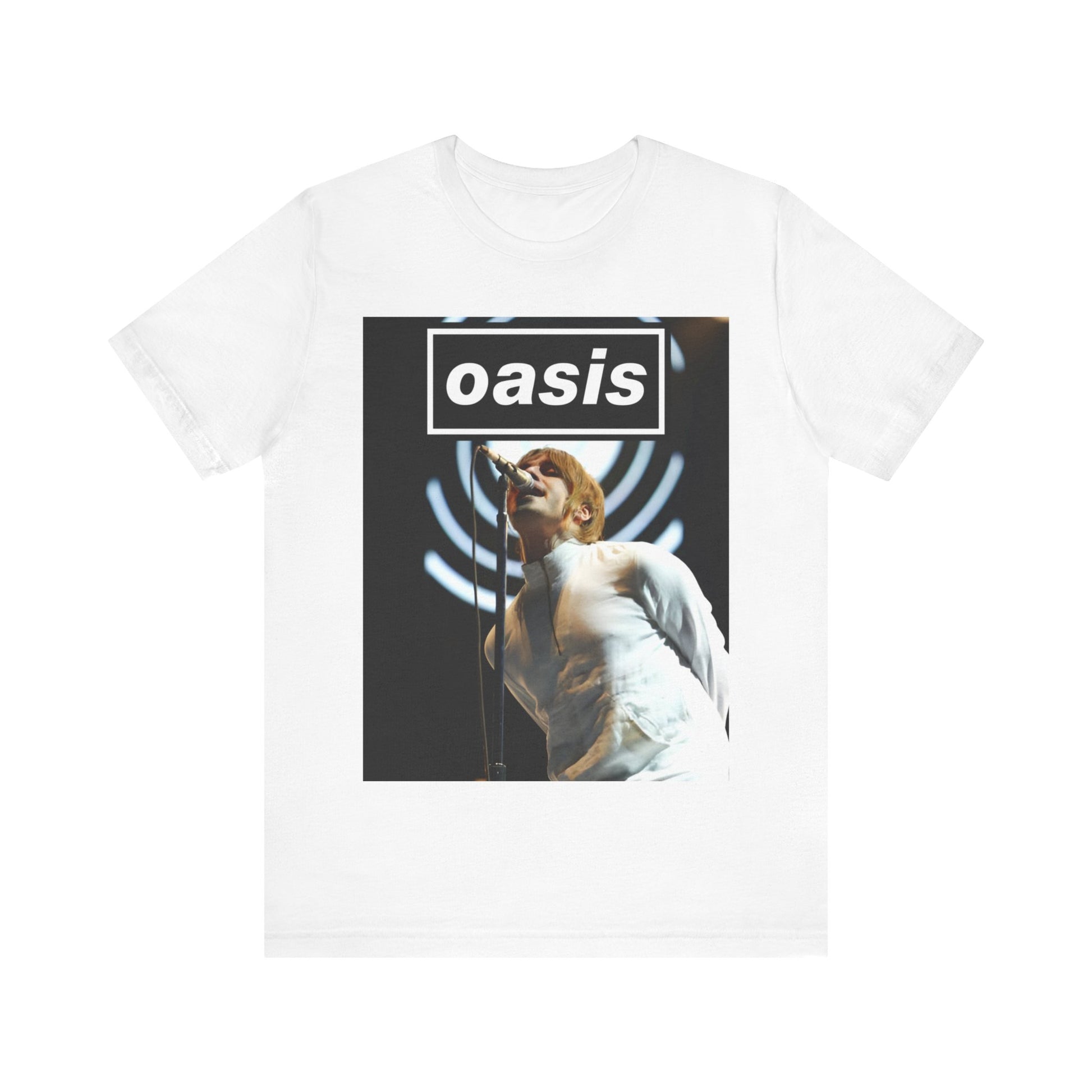 A black graphic t-shirt featuring a graphic or photo of Oasis performing live.