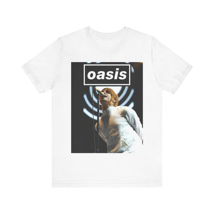 A black graphic t-shirt featuring a graphic or photo of Oasis performing live.