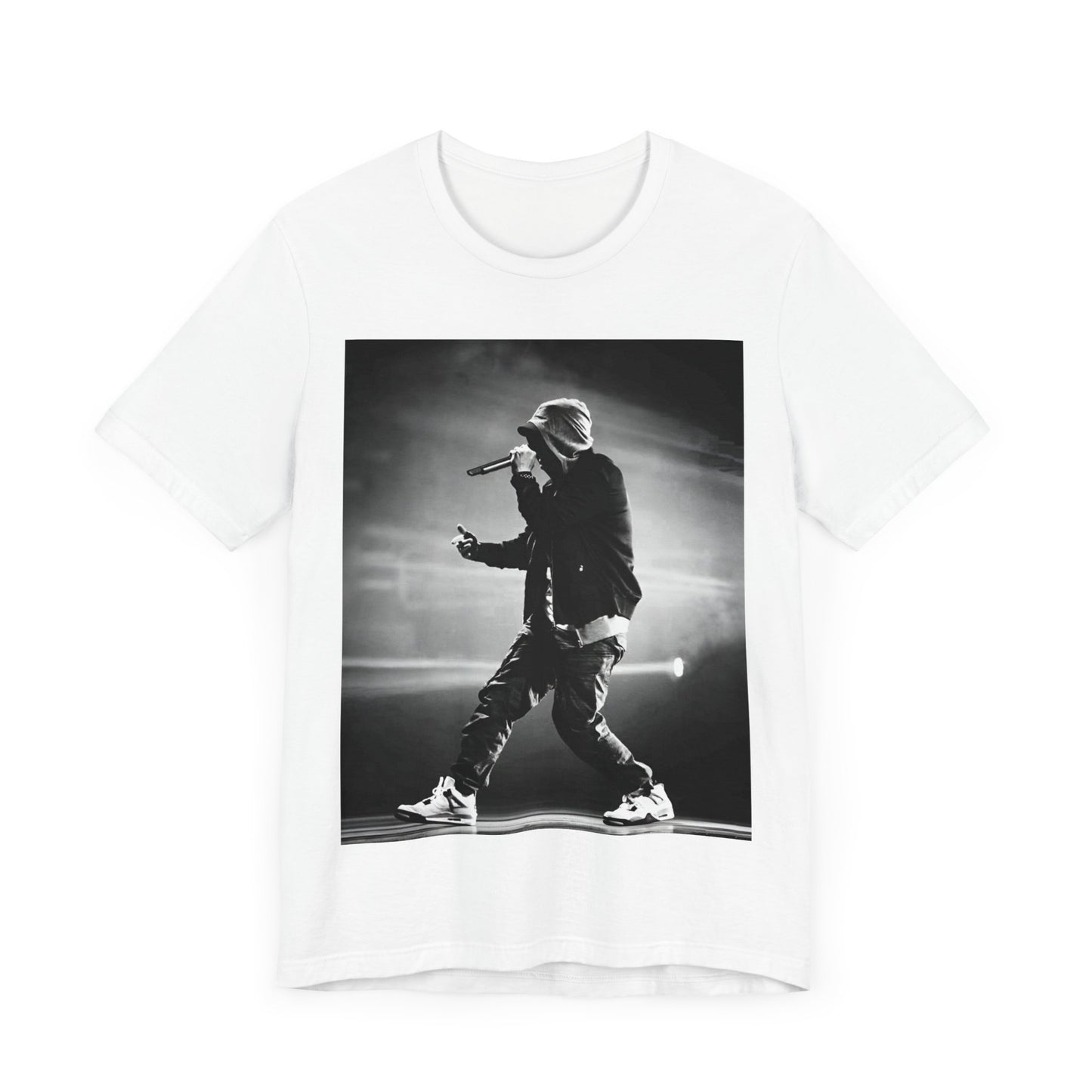 A black graphic t-shirt featuring a boxy hip hop aesthetic graphic of Eminem.