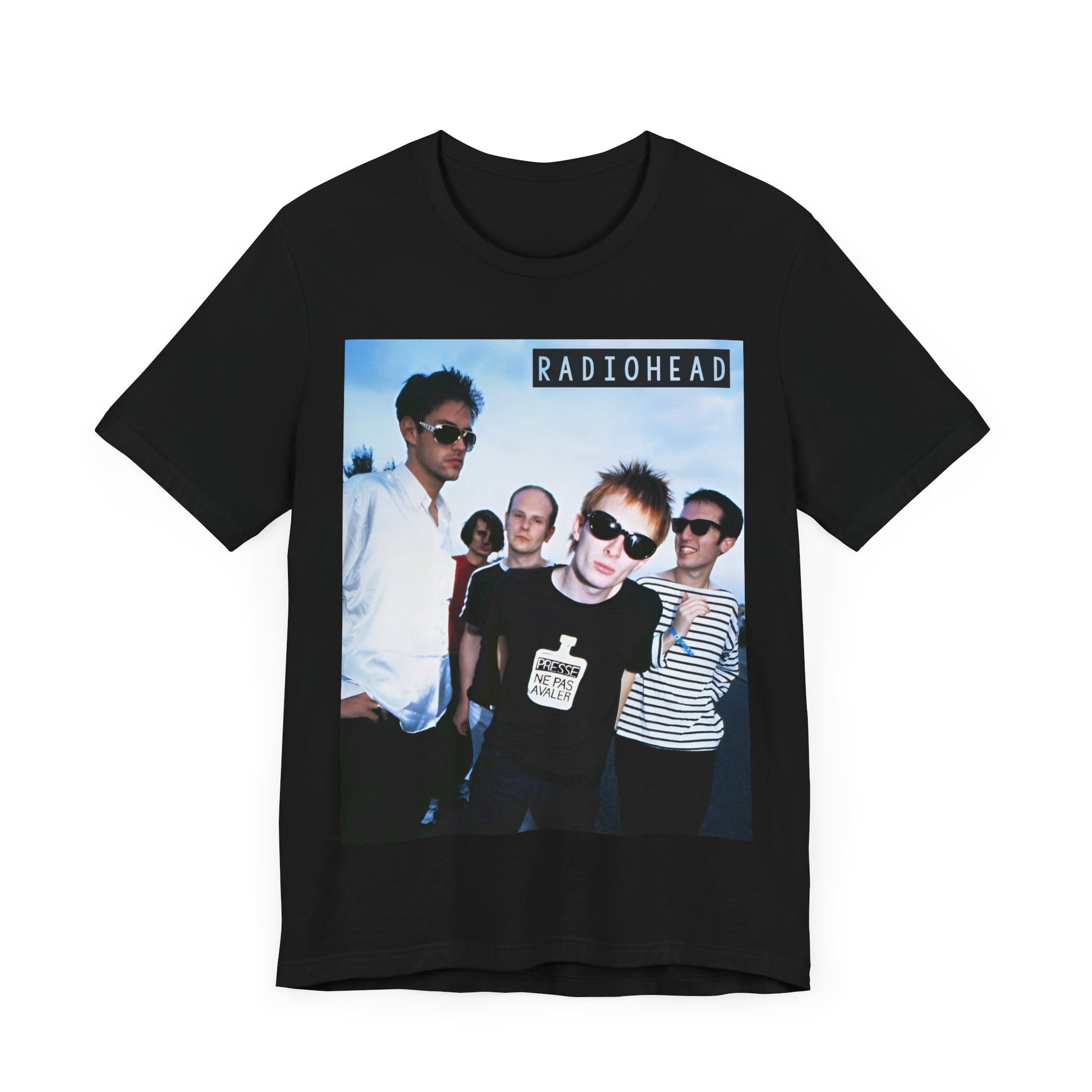 A black graphic t-shirt featuring a vintage alt rock graphic of Radiohead.
