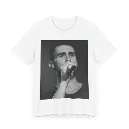 A rare, vintage black and white photo of a very young Maroon 5, from their early garage band days, printed on a t-shirt.