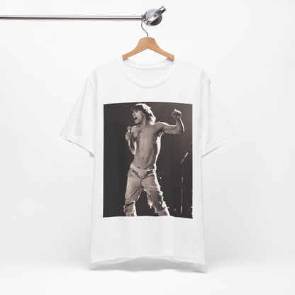 A black graphic t-shirt featuring a black and white graphic or photo of Iggy Pop performing live on stage.