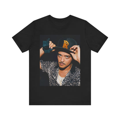 A black graphic t-shirt featuring a vintage photo of Bruno Mars wearing a hat or cap with 'RR' initials.