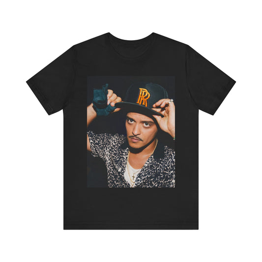A black graphic t-shirt featuring a vintage photo of Bruno Mars wearing a hat or cap with 'RR' initials.