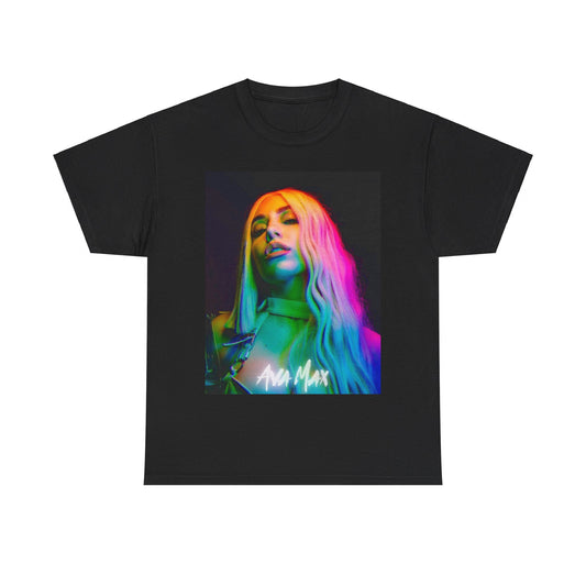 A black graphic t-shirt featuring a graphic of Ava Max with a rainbow or colorful glow effect around her.