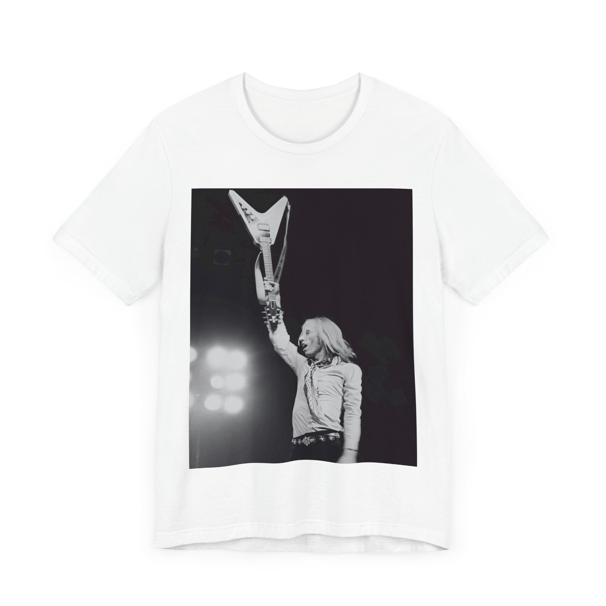 A black graphic t-shirt featuring a graphic or photo of Tom Petty playing guitar on stage.