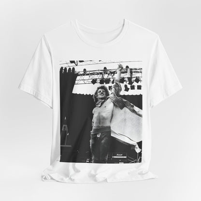 A black graphic t-shirt featuring an epic arena rock graphic of Bon Jovi performing on a large stage.